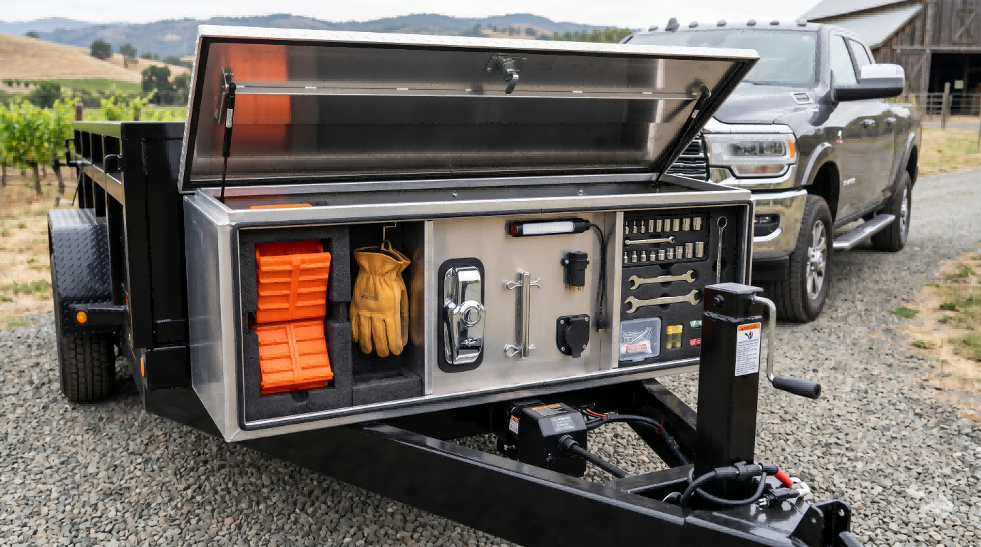 Premium front-end trailer toolbox organized for access and function, with dedicated storage zones and clear space around the trailer jack